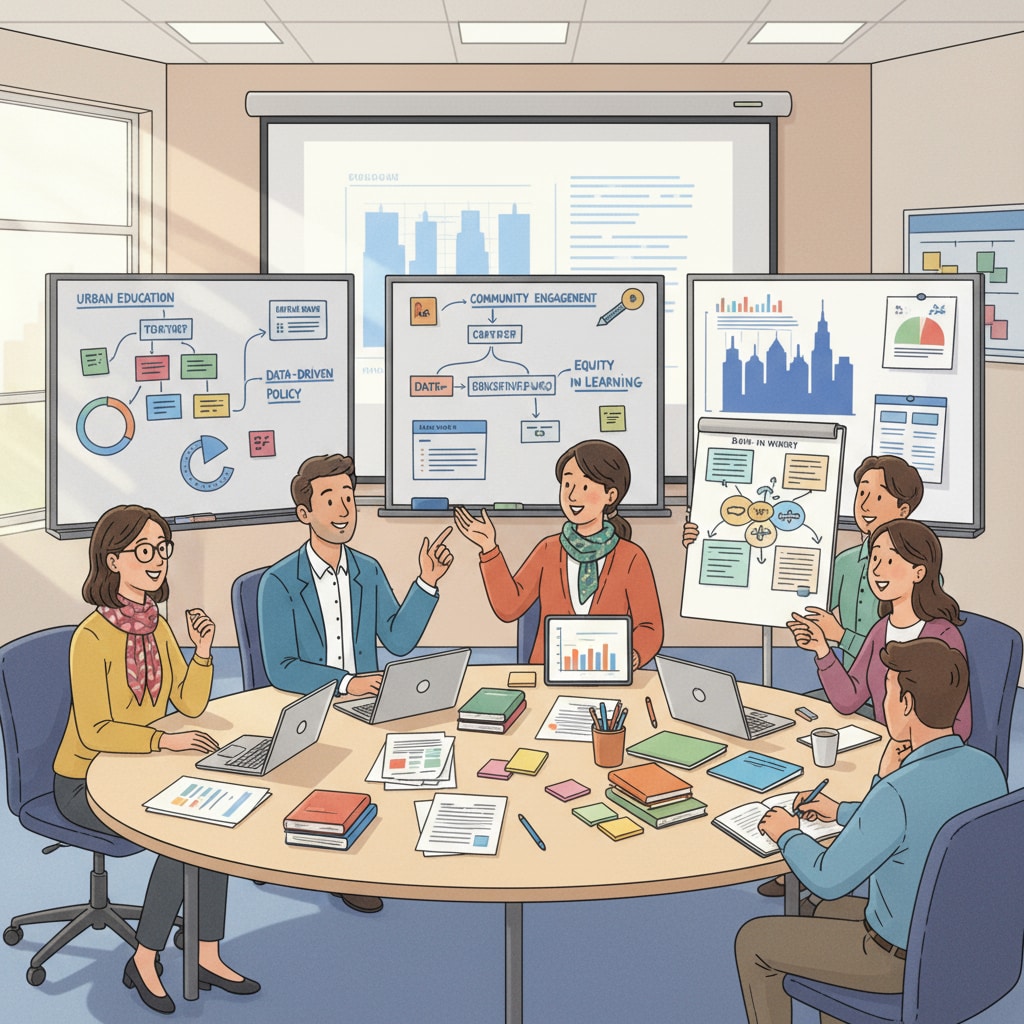 A group of educators are engaged in a lively discussion in a classroom setting, with whiteboards and teaching materials in the background, representing the collaborative nature of urban education research. Educators discussing urban education research in a classroom for the university project interviews