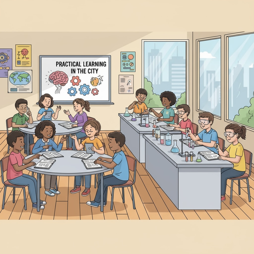 Students in an urban school are actively participating in various classroom activities, such as group discussions and hands-on experiments, highlighting the importance of practical learning in urban education. Students engaged in classroom activities in an urban school relevant to the university project's urban education interviews