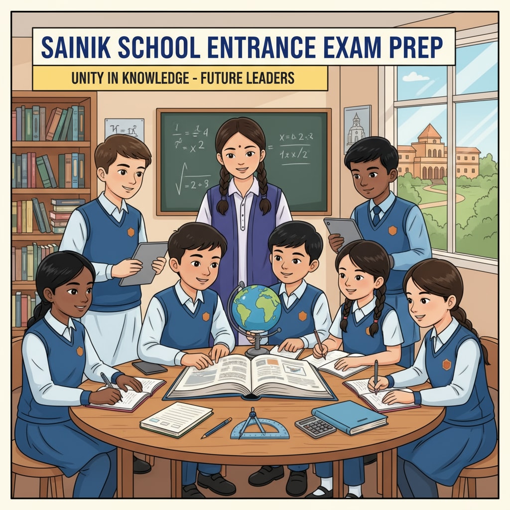 A group of young students studying together, representing the diverse group of applicants for Sainik School entrance exam Young students studying for AISSEE Sainik School entrance exam