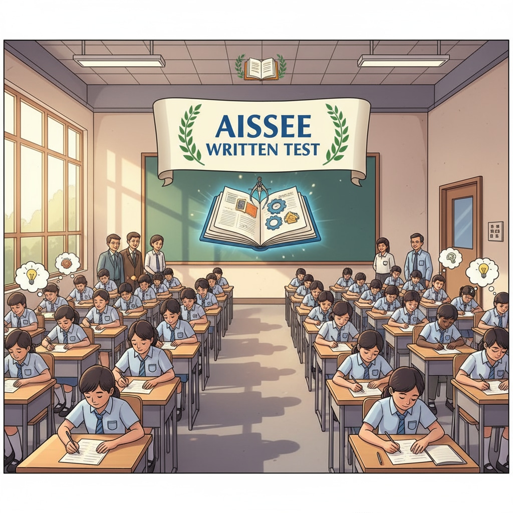 Students sitting for an exam, highlighting the importance of the AISSEE written test Students taking the AISSEE Sainik School entrance written exam