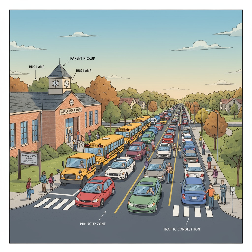 Traffic congestion around a small town school during pickup time related to school pickup, traffic congestion, and school bus system