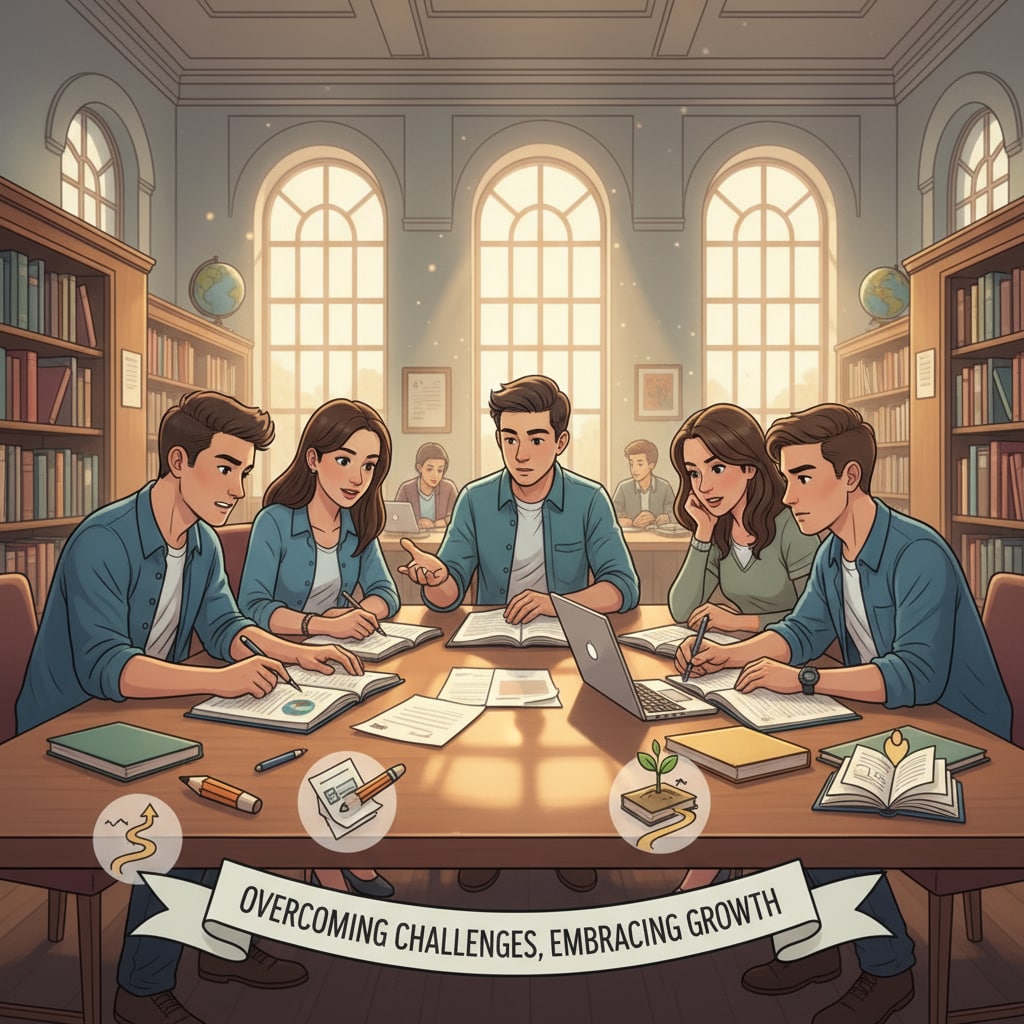 A group of students studying together in a library, showing their dedication to learning after facing academic setbacks. Students studying in library after academic failure, reapplication, and rejection