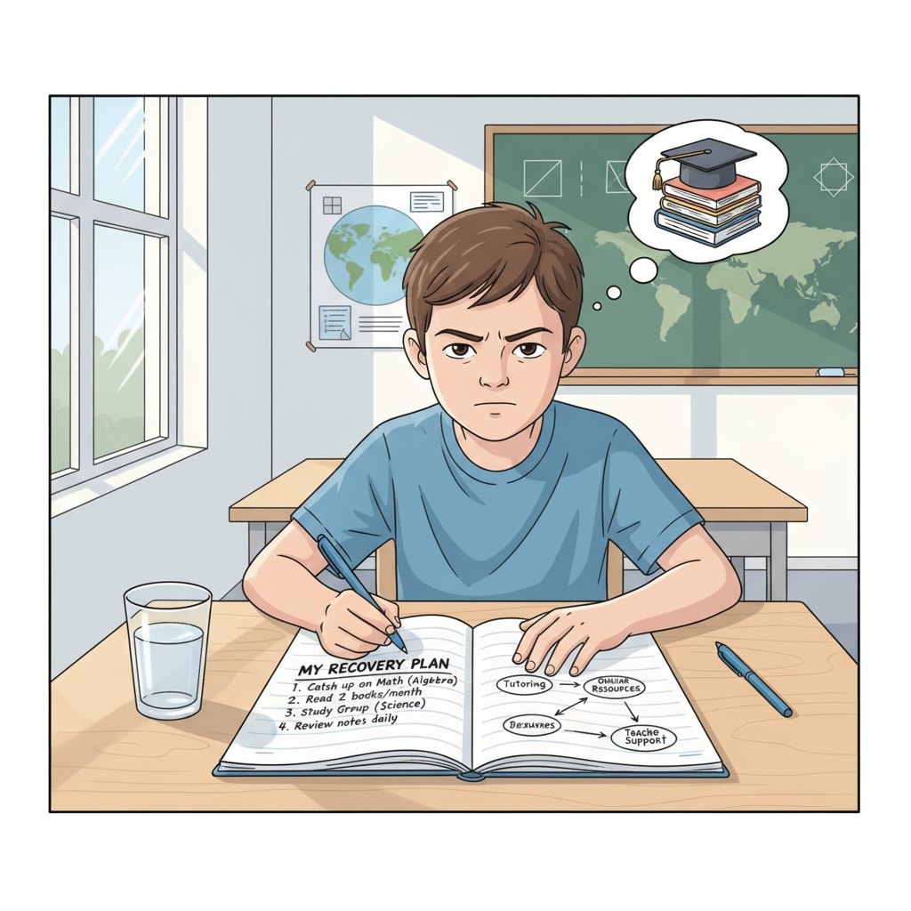 A student is sitting at a desk, writing down goals and plans for educational recovery. Student planning for educational recovery after academic failure, reapplication, and rejection