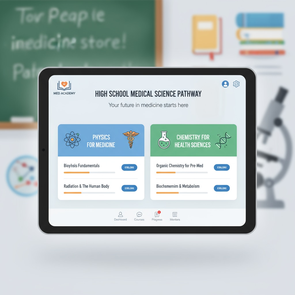 An online learning platform interface shows physics and chemistry courses side by side, highlighting the options for high school students interested in the medical field. Online learning platform with physics and chemistry courses for high school students aiming at the medical field