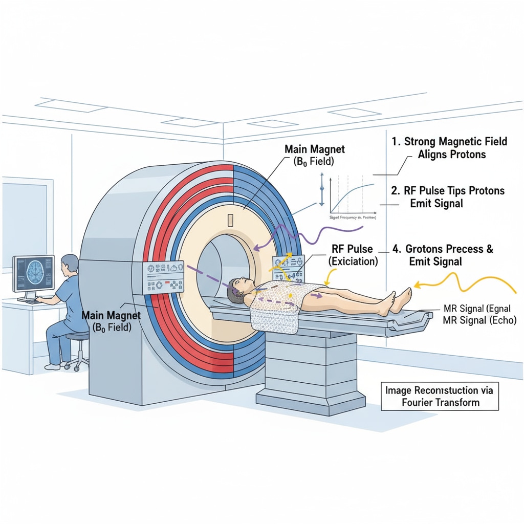 A modern MRI machine in a hospital setting, demonstrating the application of physics in medical imaging. MRI machine showing the use of physics in the medical field