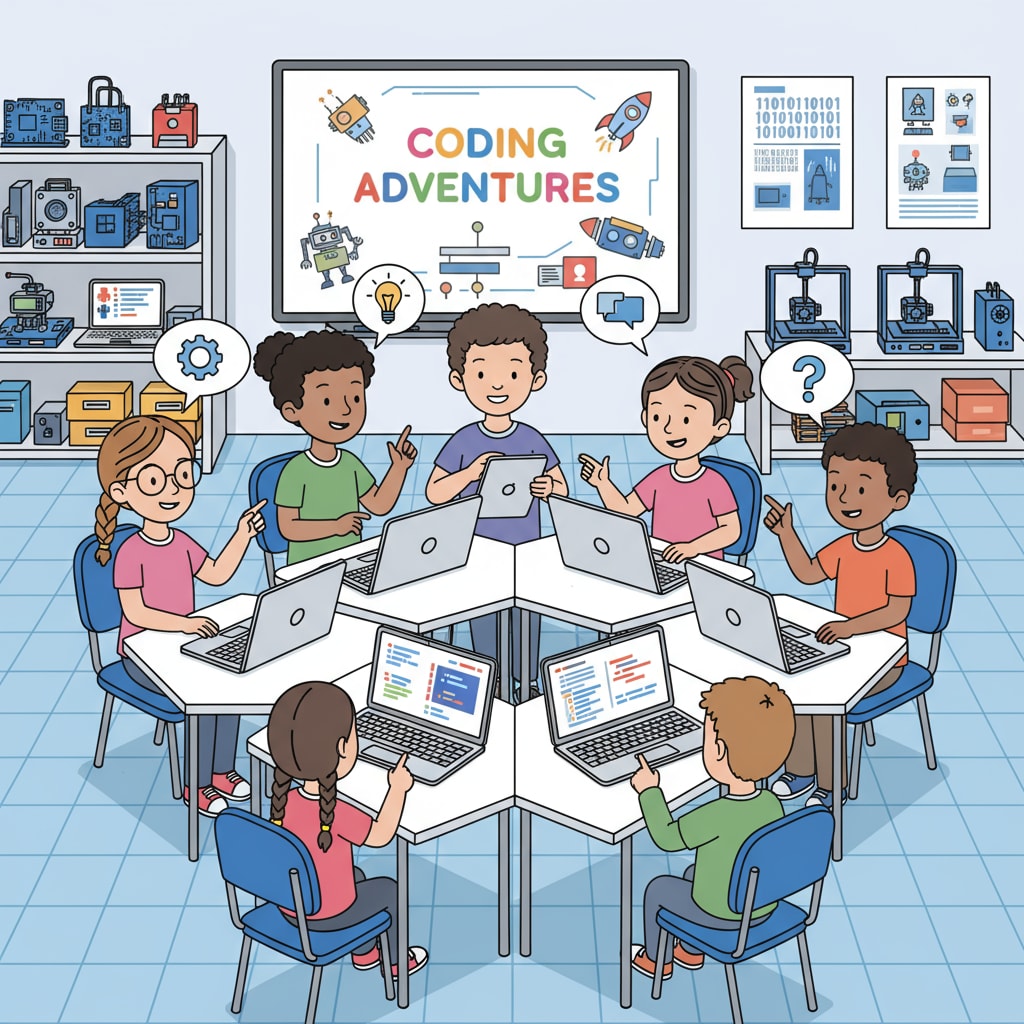 A group of K12 students are attentively participating in a technology class, with laptops open and engaged in discussions. K12 students in a technology class related to information technology university careers