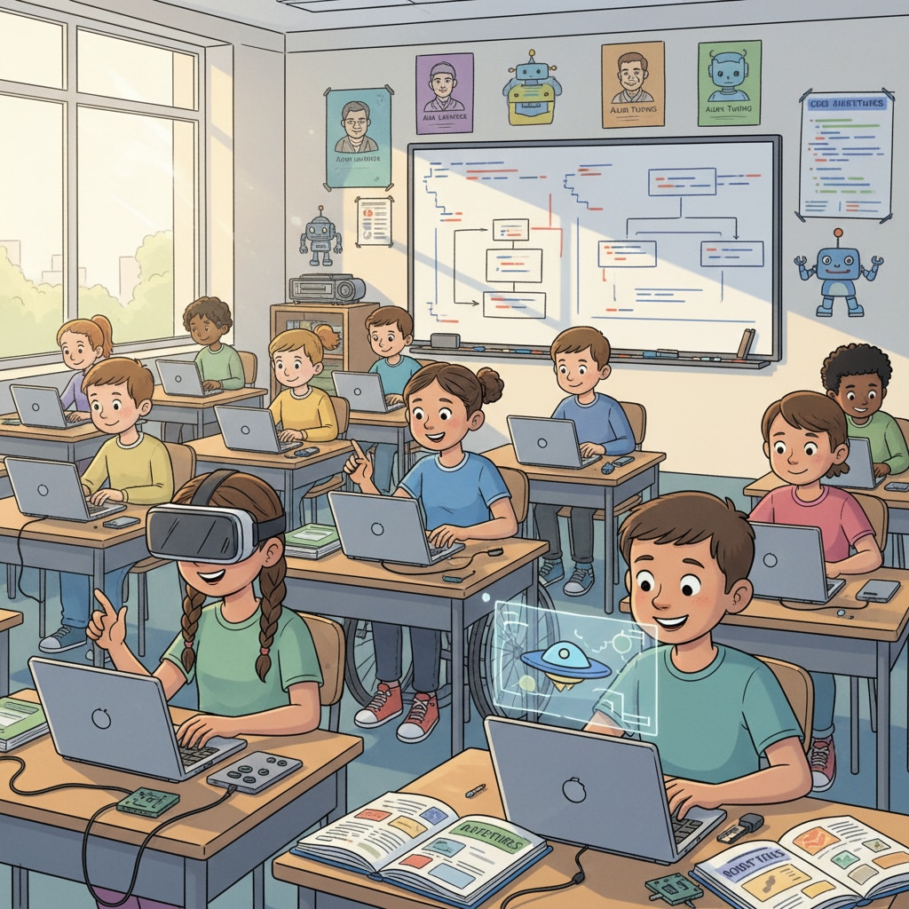 Students are busy working on coding projects in a K12 classroom, showing their enthusiasm for technology. K12 students working on coding projects relevant to information technology careers