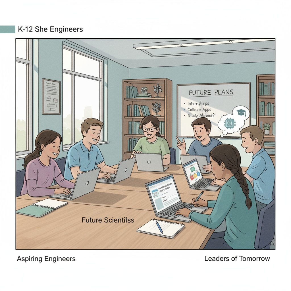 A group of K12 students are sitting around a table, discussing their internship plans and study schedules. Some are looking at their laptops, while others are jotting down notes. K12 students discussing internship and study plans to achieve work-life balance
