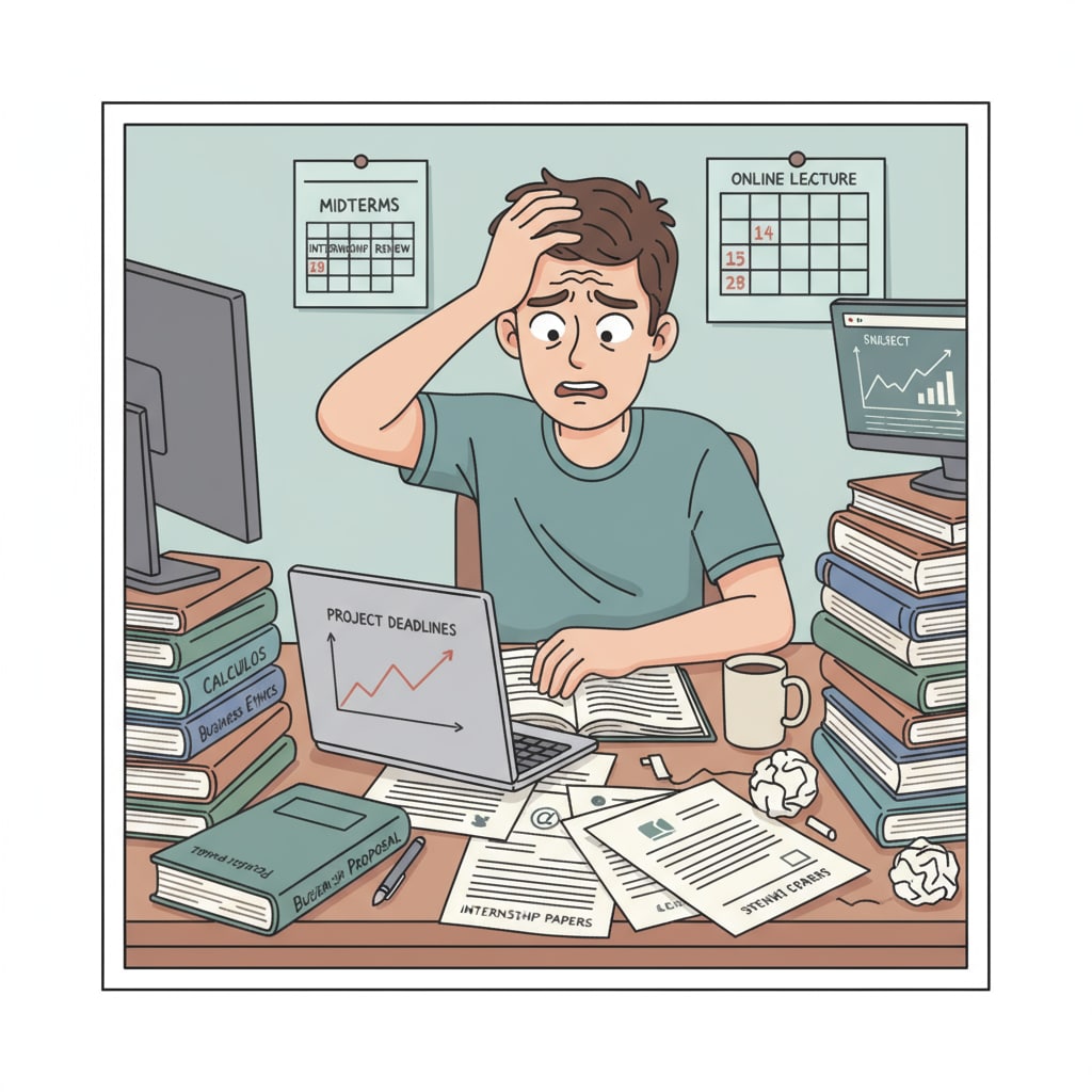 A student is sitting at a desk, surrounded by textbooks and internship papers. The student has a worried expression on their face, indicating the stress of juggling internship tasks and academic studies. A stressed K12 student juggling internship tasks and textbooks under academic pressure