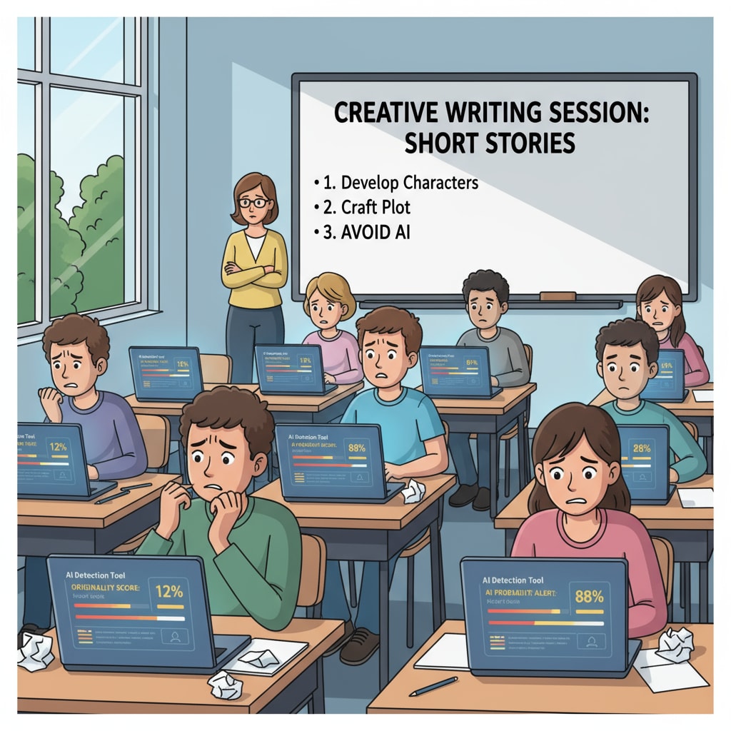 A classroom scene where students are using laptops with AI detection tool interfaces visible, looking worried. This shows the impact of AI detection tools on students during creative writing sessions. Students in a classroom showing concern due to AI detection tools in creative writing
