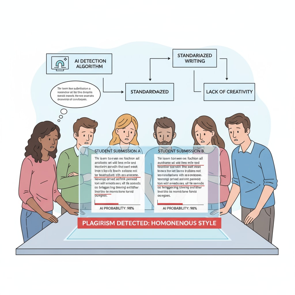 A group of students sitting around a table, looking at a screen showing examples of similar-looking creative writing pieces due to AI detection concerns. This depicts how AI detection can lead to homogeneous writing styles. Students examining similar creative writing pieces influenced by AI detection