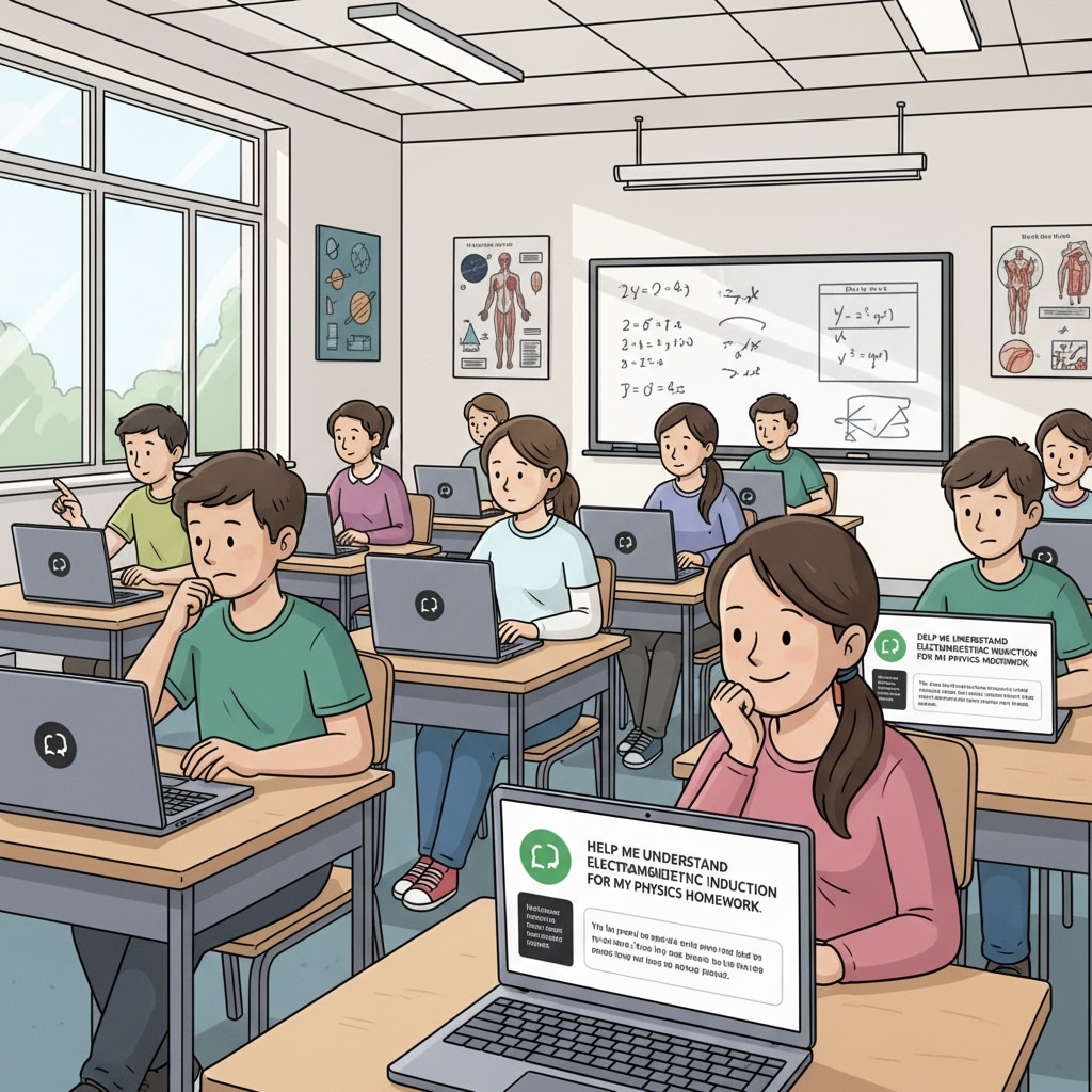 A scene showing students using laptops with the ChatGPT interface clearly visible, giving the impression that they might be using it to get help with their homework. Students using ChatGPT for possible homework assistance