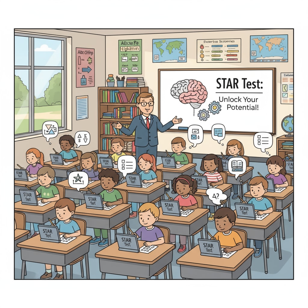 A group of students are sitting at desks, concentrating on taking the STAR test in a classroom. Students taking the STAR test for performance evaluation and percentile ranking.