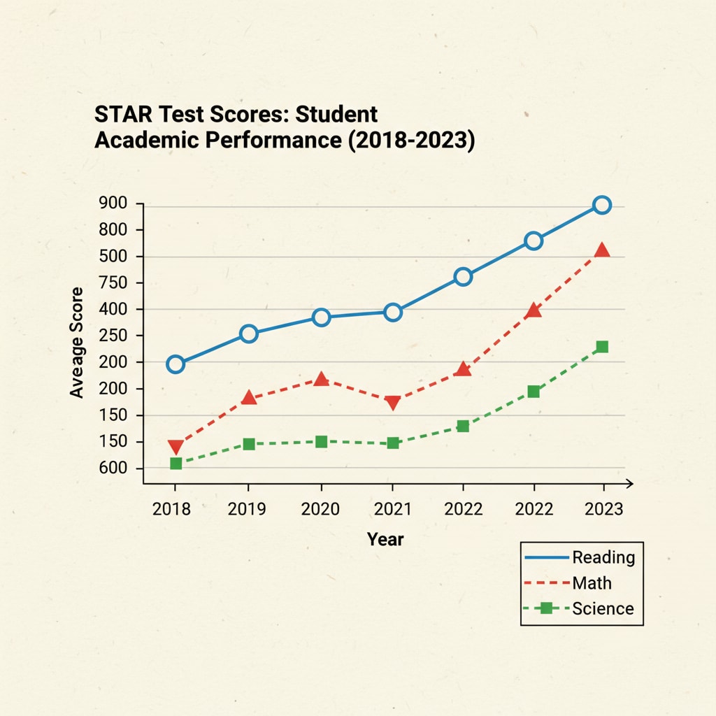 A line graph displays the STAR test scores of students over several years, showing trends in their academic performance. Graph of STAR test scores for percentile ranking and performance evaluation.