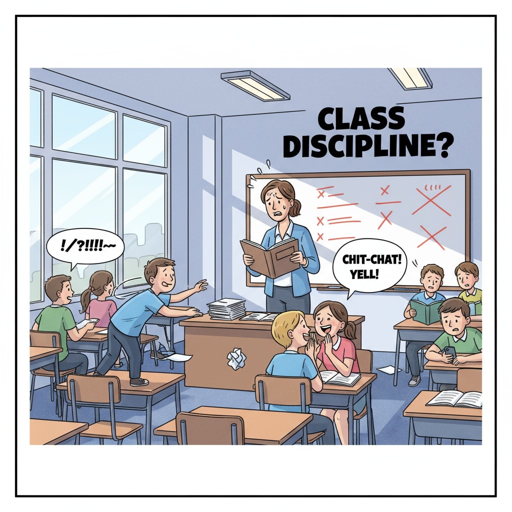 A teacher looking stressed while dealing with unruly students in a classroom. The teacher has a worried expression as students talk loudly and disrupt the class. A stressed teacher dealing with student behavioral issues and facing lack of support, leading to workplace frustrations.
