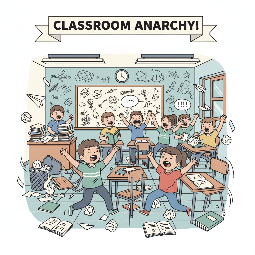 A group of students causing chaos in a classroom. Some students are throwing papers, others are talking loudly, and the overall atmosphere is disorderly. Students causing behavioral issues in a classroom, highlighting the lack of support teachers face and resulting workplace frustrations.
