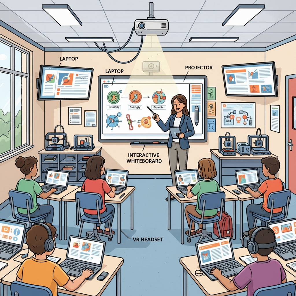A classroom filled with modern educational technology tools such as laptops, projectors, and interactive whiteboards. Classroom equipped with teaching methods, graduate programs, and educational technology