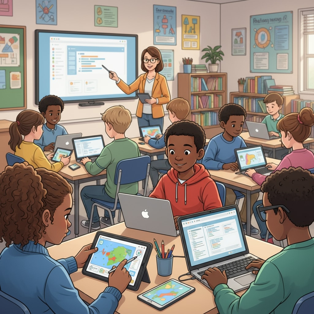 Students are actively using educational technology tools like tablets and laptops in a classroom setting. Students engaged with teaching methods, graduate programs, and educational technology