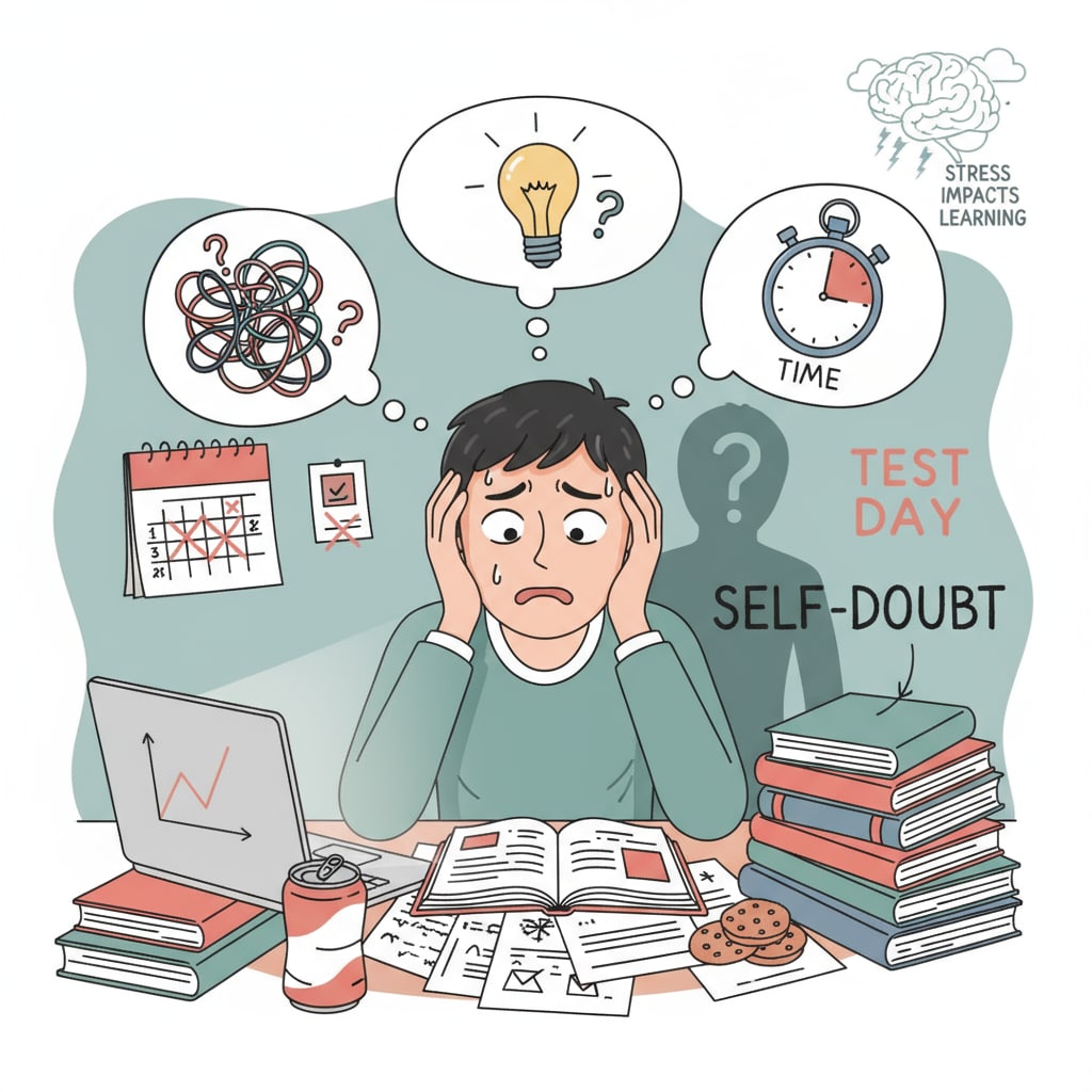 A student looking worried while studying for a test, indicating the stress and self-doubt that can affect learning abilities. A student experiencing self-doubt about learning abilities during test preparation