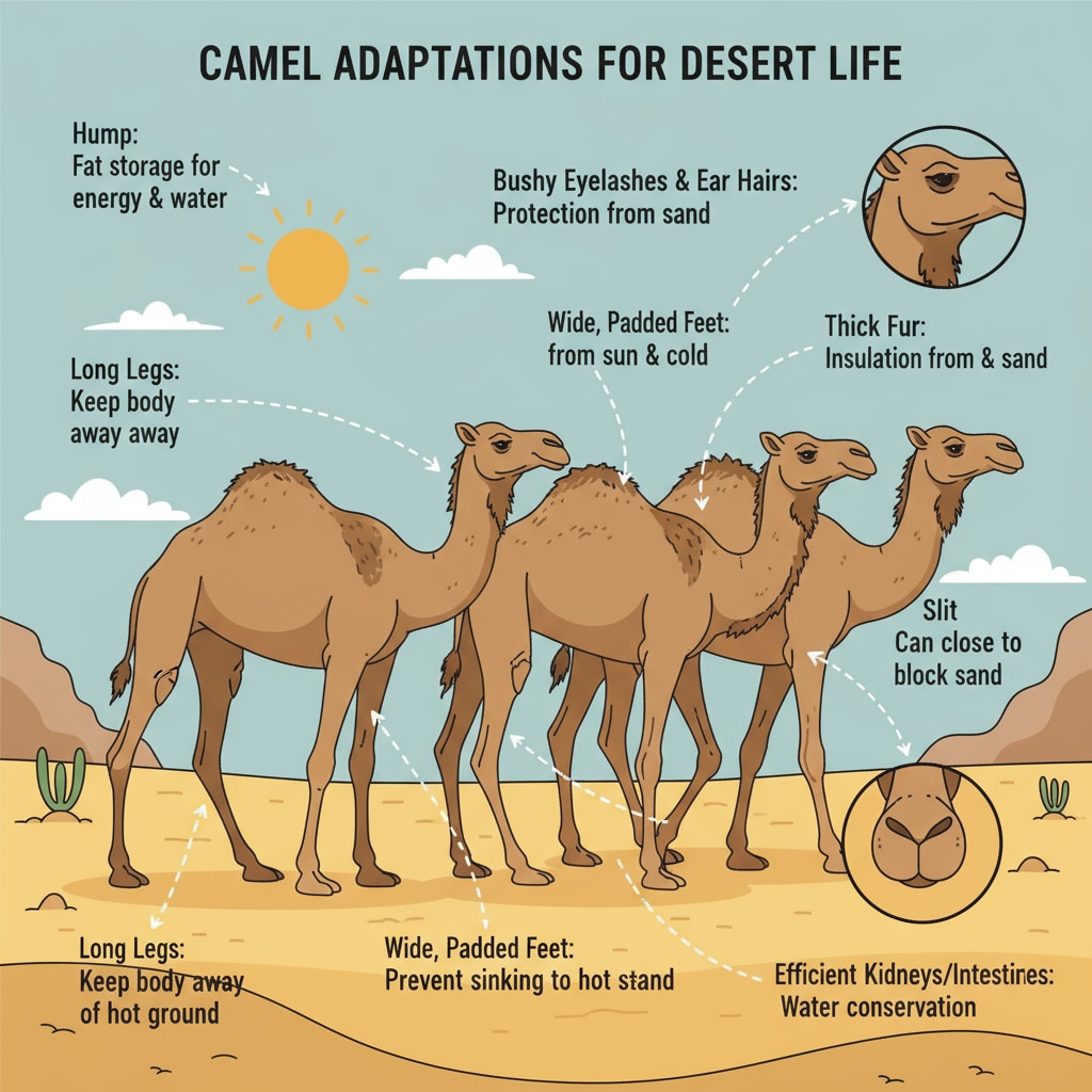 A group of camels walking in the desert, demonstrating their unique ability to adapt to the arid environment. Camels showing survival adaptations in the desert