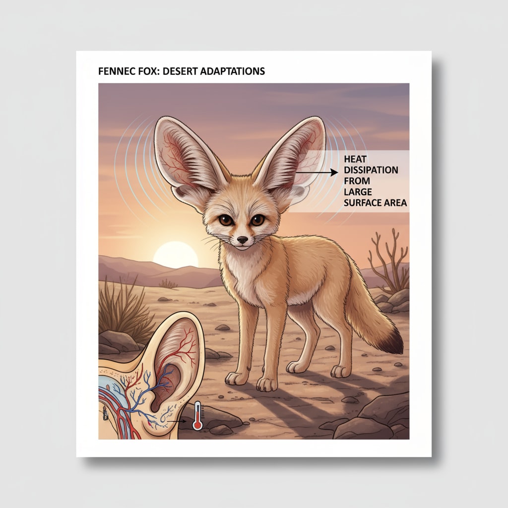 A fennec fox with its distinctively large ears, highlighting its evolutionary adaptation for heat dissipation. Fennec fox with evolutionary traits for desert survival