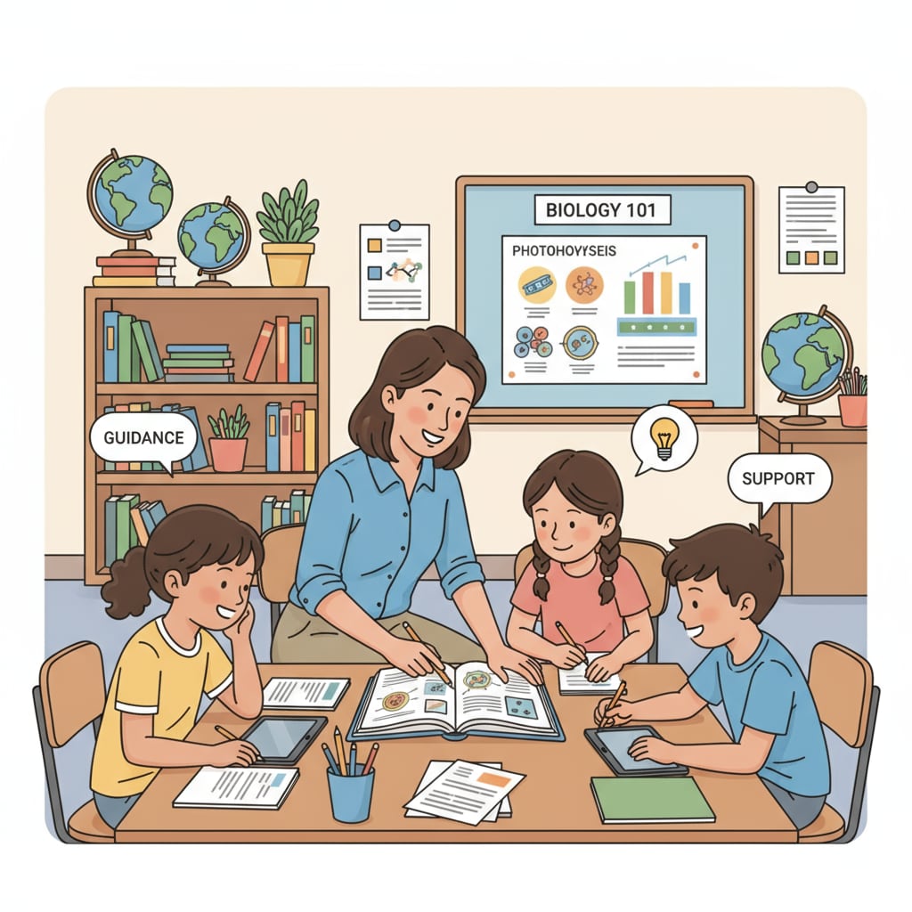 A teaching assistant is helping students with their studies in a classroom setting, demonstrating their role in the educational environment. A teaching assistant actively engaged with students in a classroom, relevant to MAT program applications.