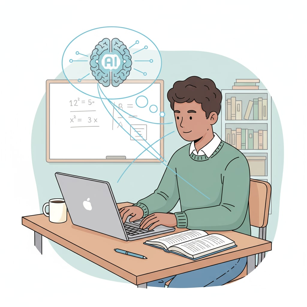 A student is sitting at a desk, typing on a laptop. There is a thought bubble above their head with an AI icon, representing the use of AI in academic work. A student using a laptop with an AI-related thought bubble, related to AI detection, manual input, and paraphrasing tools
