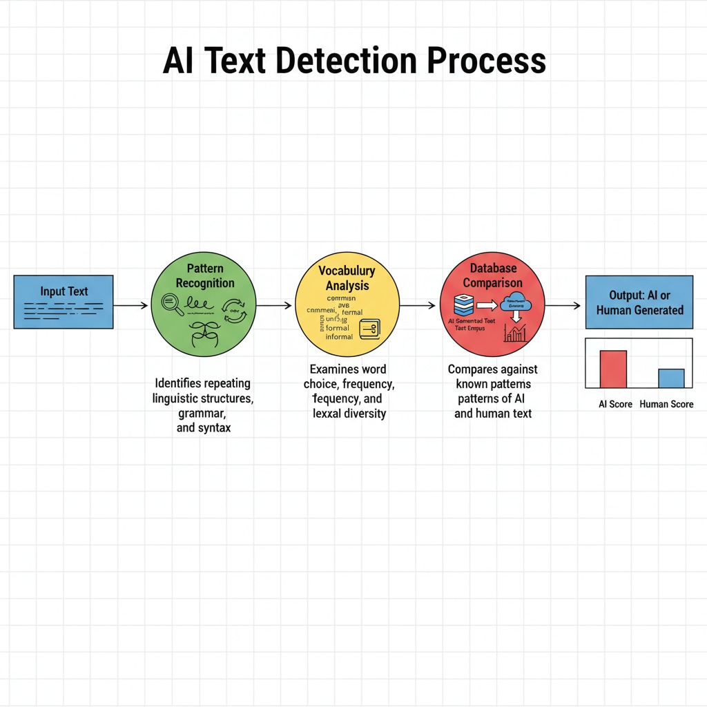 A diagram shows the process of how AI detection tools analyze text. It includes steps such as pattern recognition, vocabulary analysis, and comparison with a database. Diagram of AI text analysis for detection, relevant to AI detection, manual input, and paraphrasing tools