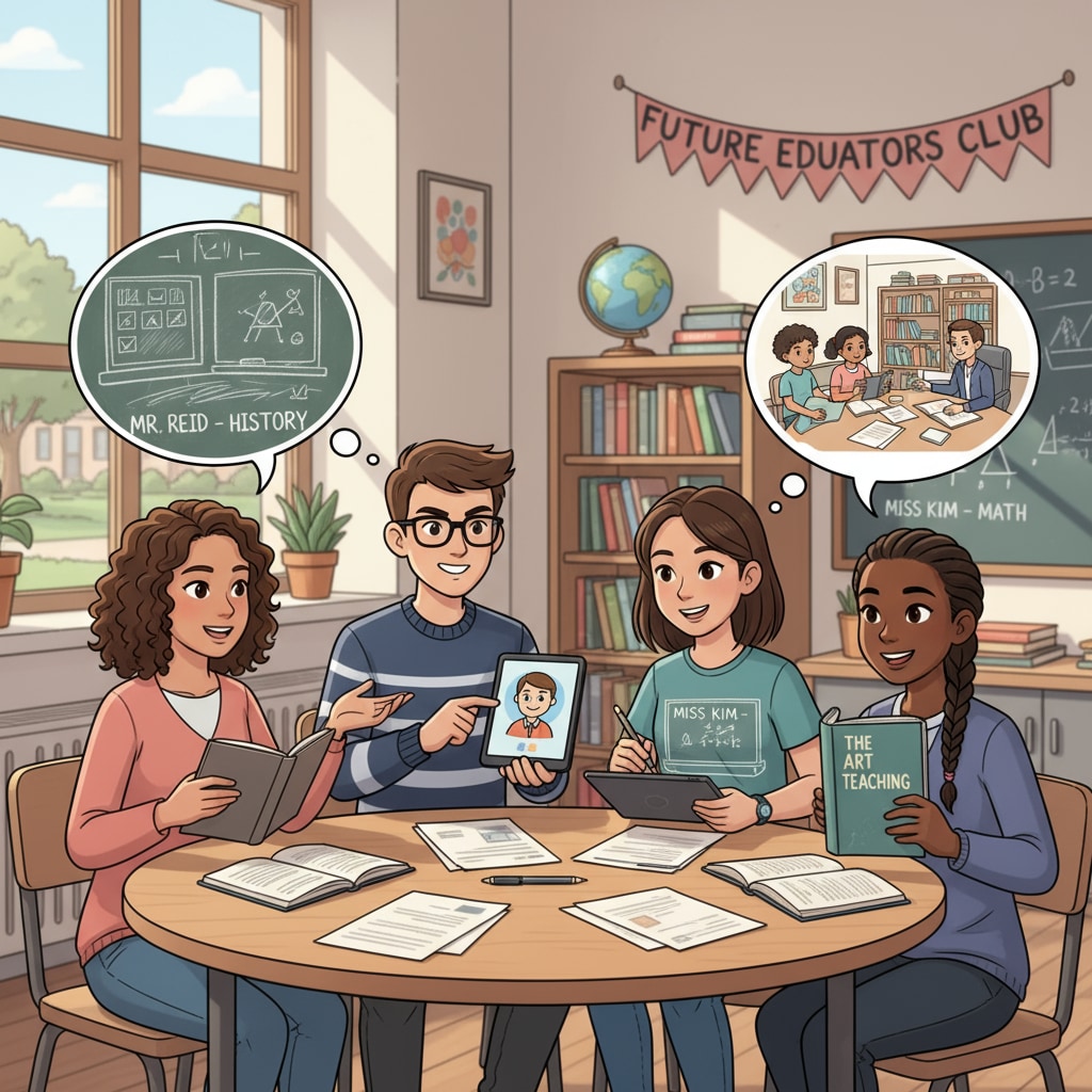 A group of high school students are having a discussion about their future plans to become teachers. They are sitting around a table, looking enthusiastic and engaged. High school students discussing their future as teachers in relation to teacher career planning, college application, and education major