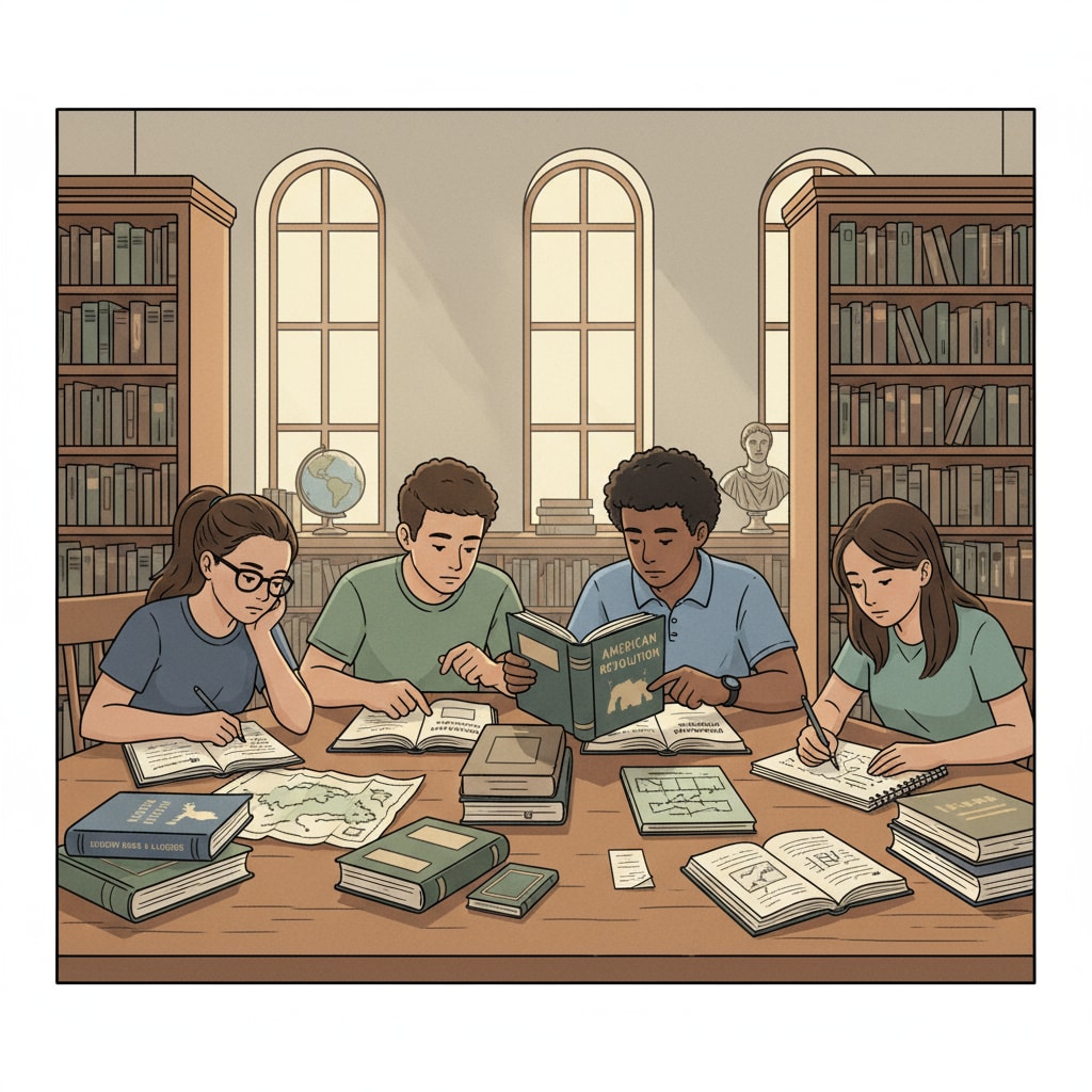 High school students are studying history books in a library. They are focused and reading intently, which is related to the academic preparation for the education major. High school students studying history books for academic preparation in teacher career planning, college application, and education major context