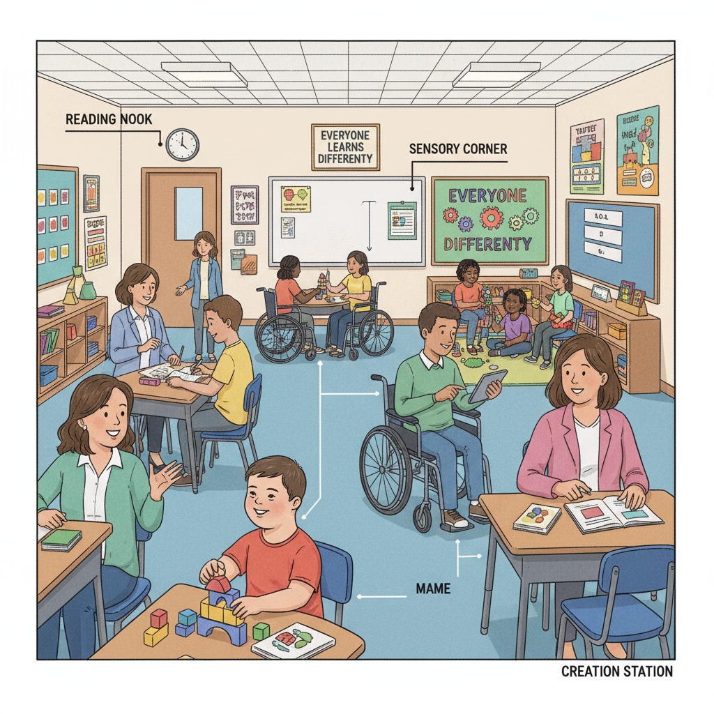 A classroom filled with special education students interacting with their teachers, highlighting the importance of the educational environment for disabled students. Special education classroom scene during government shutdown affecting disabled students