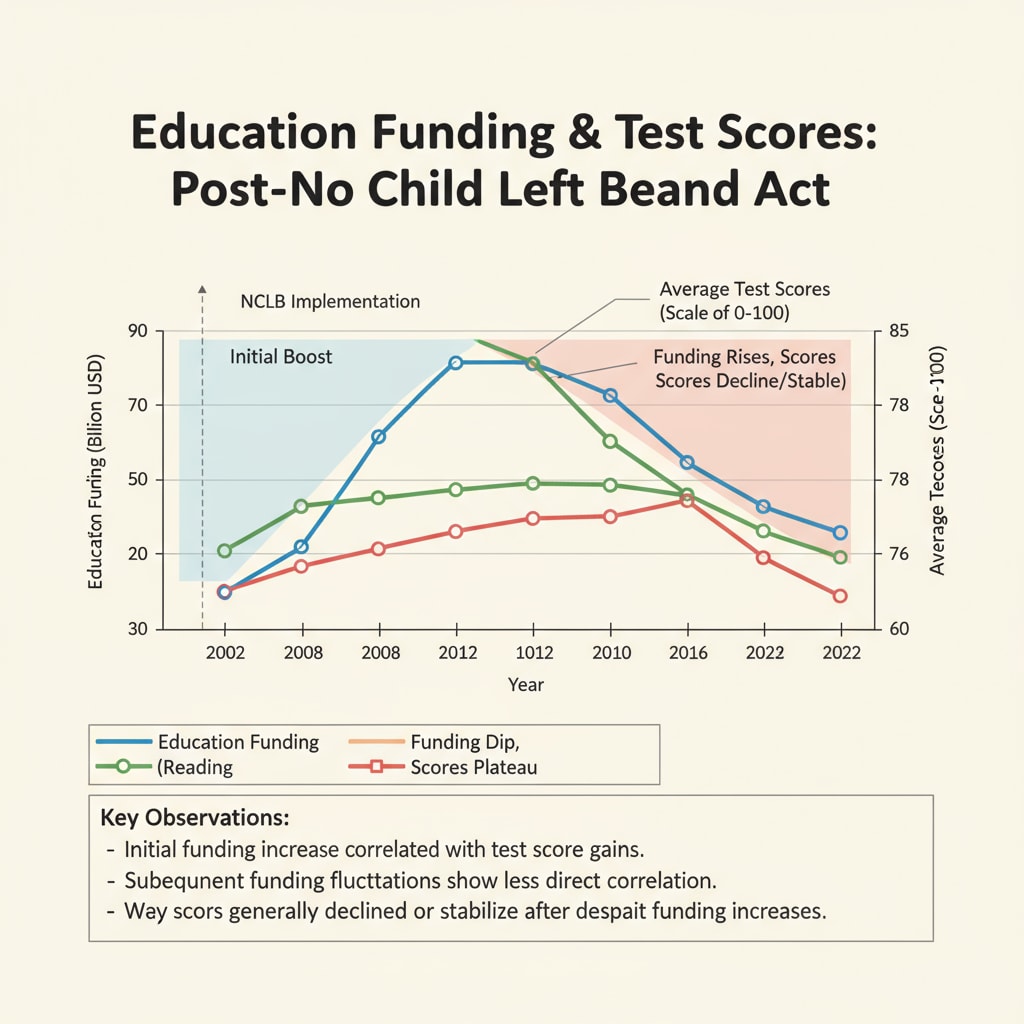 A graph depicting the relationship between education funding, test scores, and the implementation of the No Child Left Behind policy