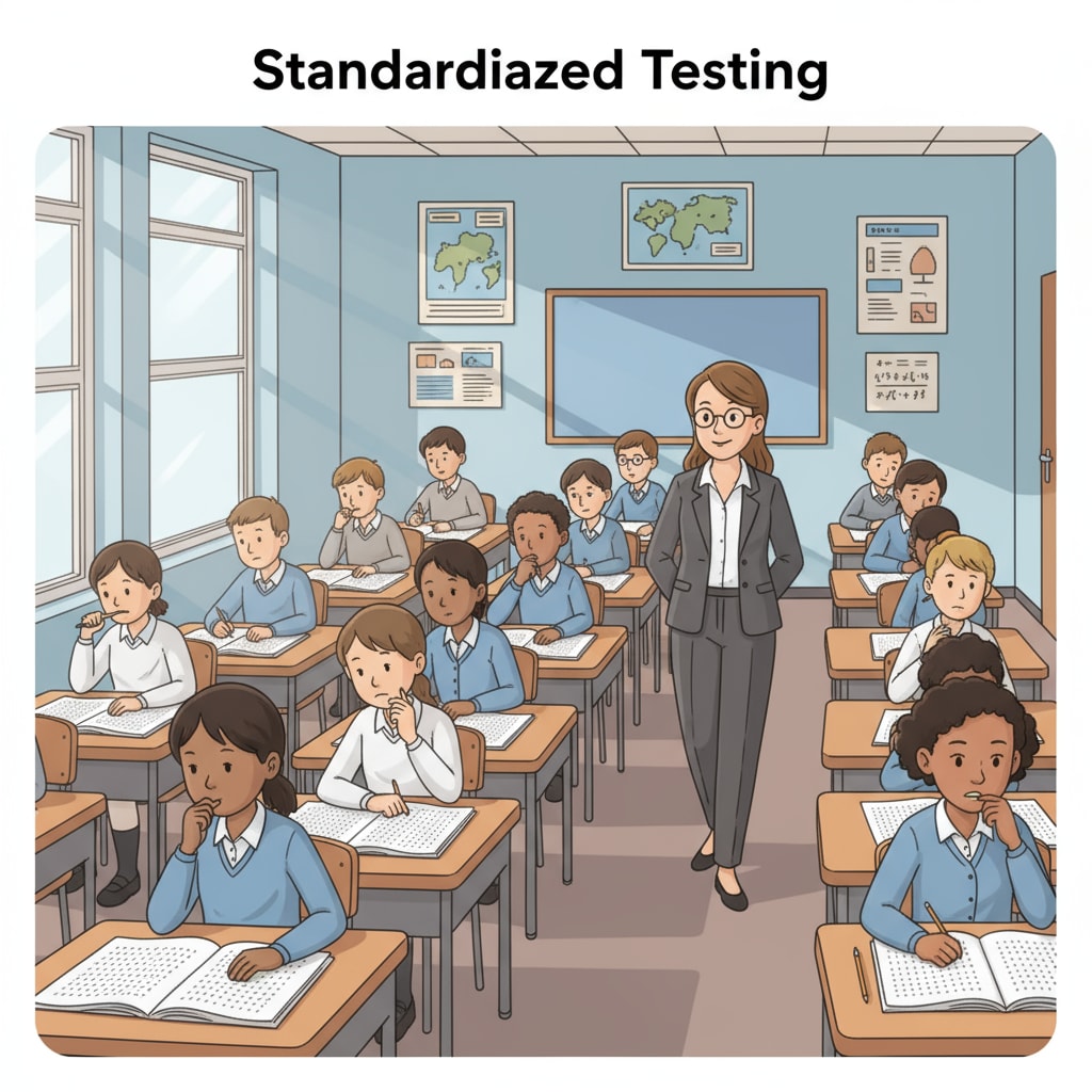A classroom scene of students taking a standardized test related to education funding and the No Child Left Behind policy