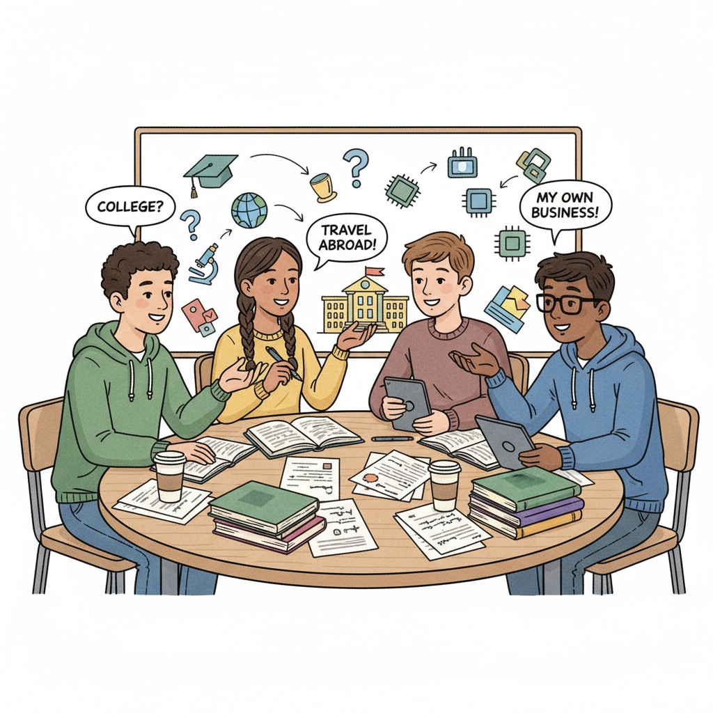 A group of high school students sitting around a table, discussing their future plans, with books and papers scattered around. High school students discussing university planning, major selection, academic success, and career development.