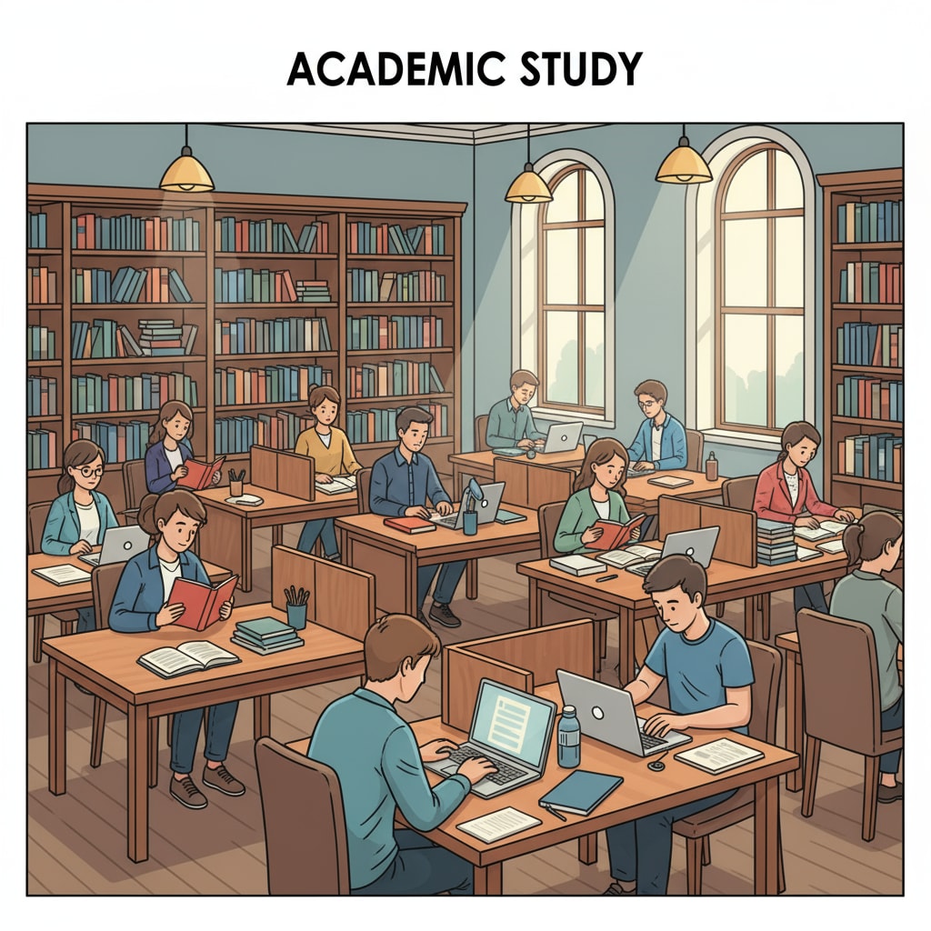 Students sitting at desks in a library, studying books and using laptops. Students focusing on their studies for academic success in the context of university and career planning.