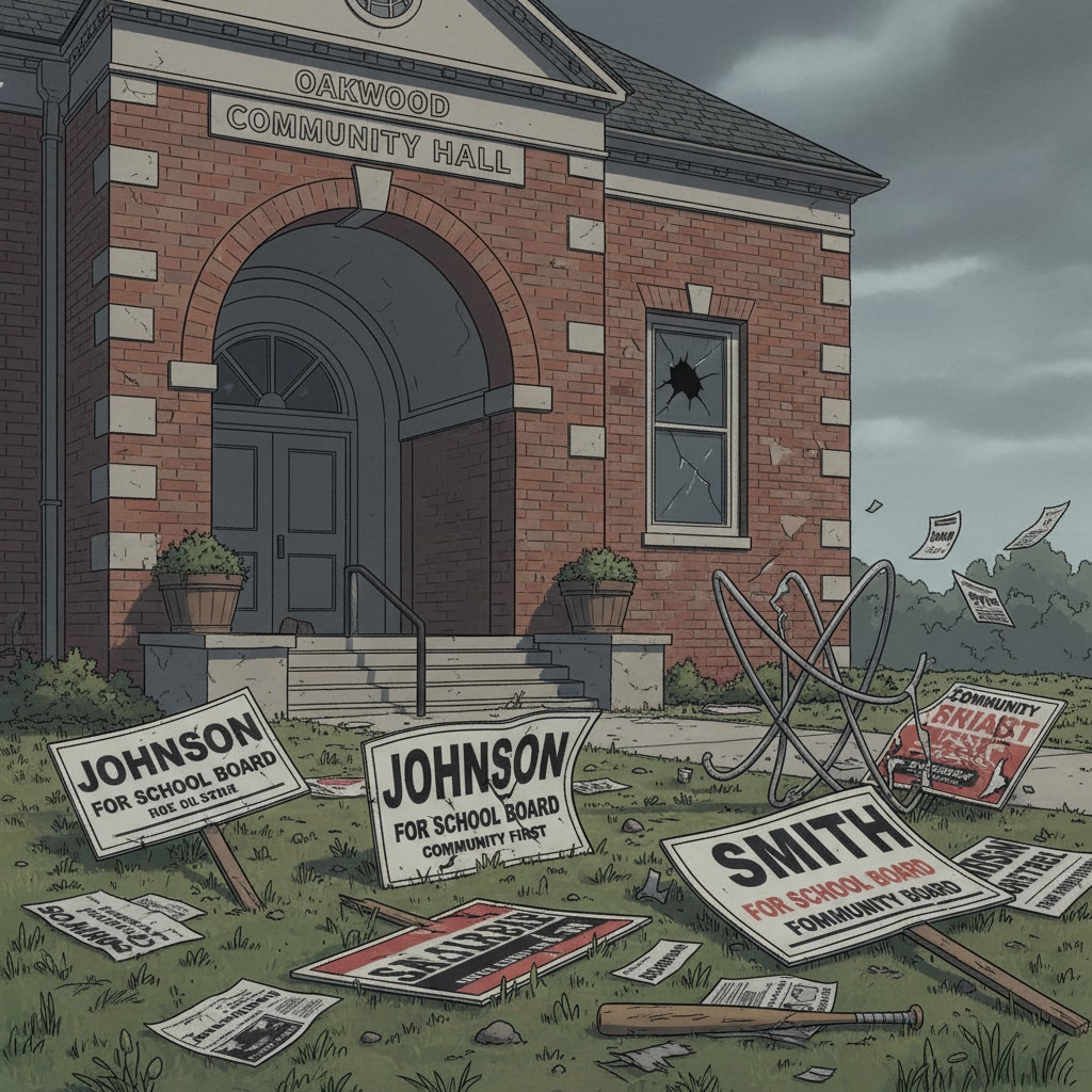 Damaged campaign signs showing the consequence of campaign violence in school board, campaign violence, and political civility context