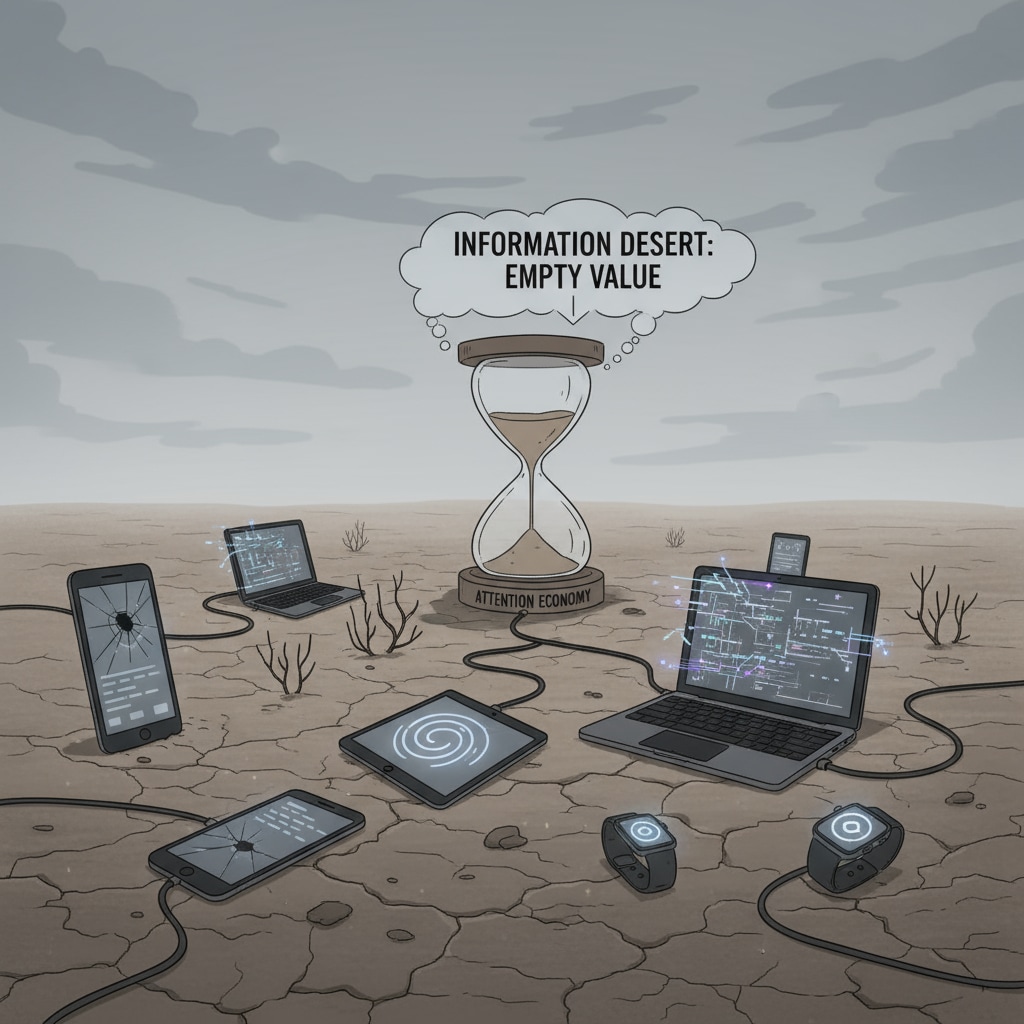 A desolate landscape with a few digital devices lying around. The emptiness of the landscape symbolizes the lack of valuable information in an information desert created by the attention economy. An information desert with digital devices, representing the outcome of the attention economy