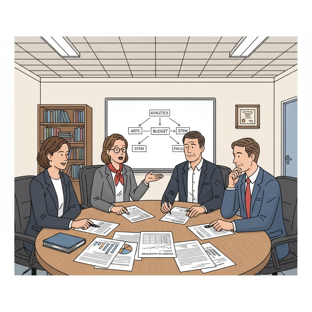 School administrators discussing resource allocation in the context of administrative management, ethical dilemmas, and leadership decisions