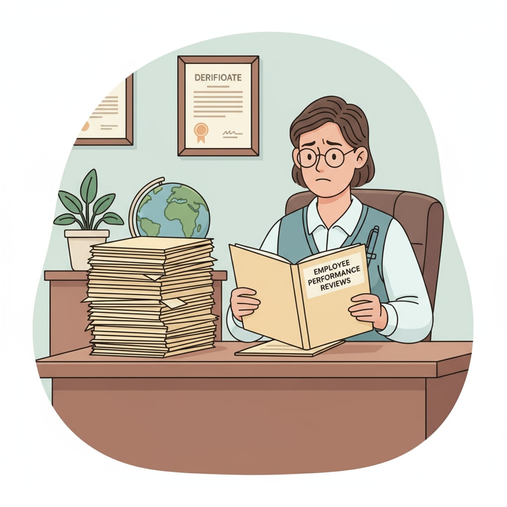 Administrator reviewing employee performance records while dealing with administrative management, ethical dilemmas, and leadership decisions