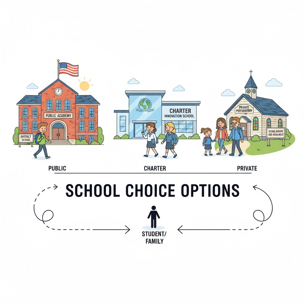 A group of students walking into different schools, representing the various choices available under school choice policies. Students exercising school choice, highlighting the concept within the context of education policies and political discussions.