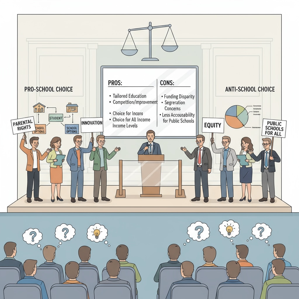 A political debate scene where people are discussing the pros and cons of school choice policies, showing the political divisions. Political debate about school choice policies, reflecting the controversy related to education policies and political stances.