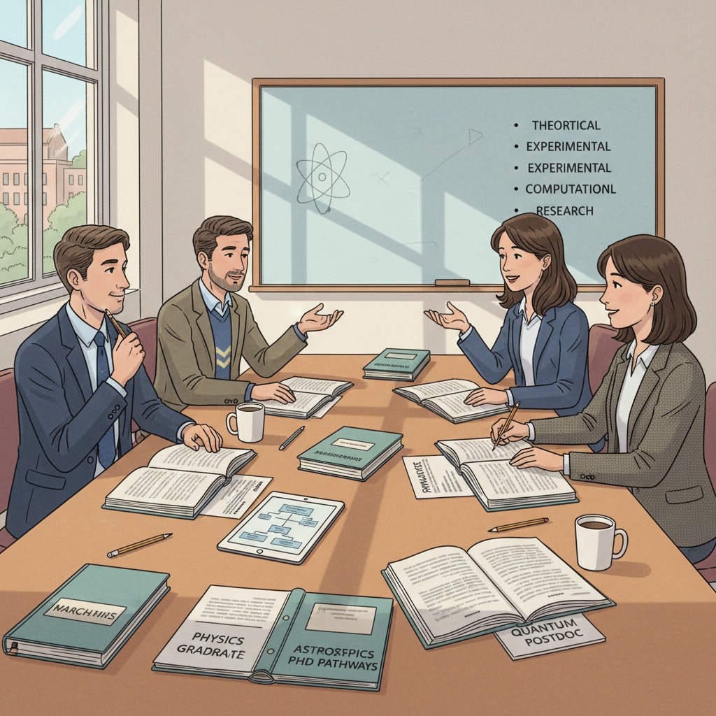 A group of in-service physics teachers are sitting around a table, discussing different postgraduate study options, with books and papers spread out in front of them. In-service physics teachers discussing postgraduate study options