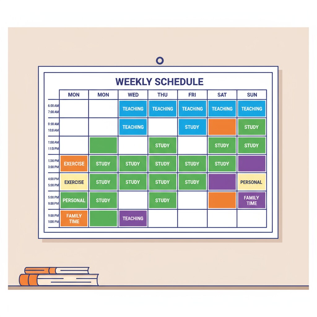 A calendar on a wall shows clearly marked time slots for teaching, study, and personal activities like exercise and family time. Calendar with time slots for teaching, study, and personal life