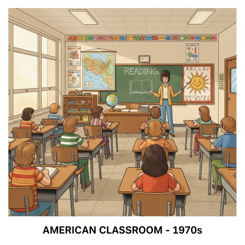 A classroom scene from the 1970s in the US, showing basic teaching facilities Classroom scene from the 1970s US related to educational background for novel character writing