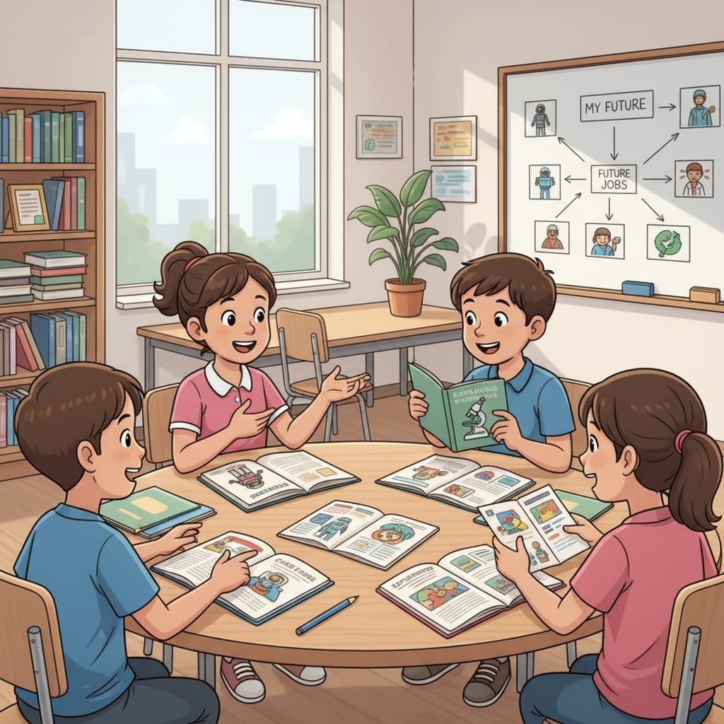 A group of K12 students are sitting around a table, engaged in a lively discussion about their future career plans. They are looking at books and brochures related to different occupations. K12 students discussing career plans in relation to dream jobs and the job market