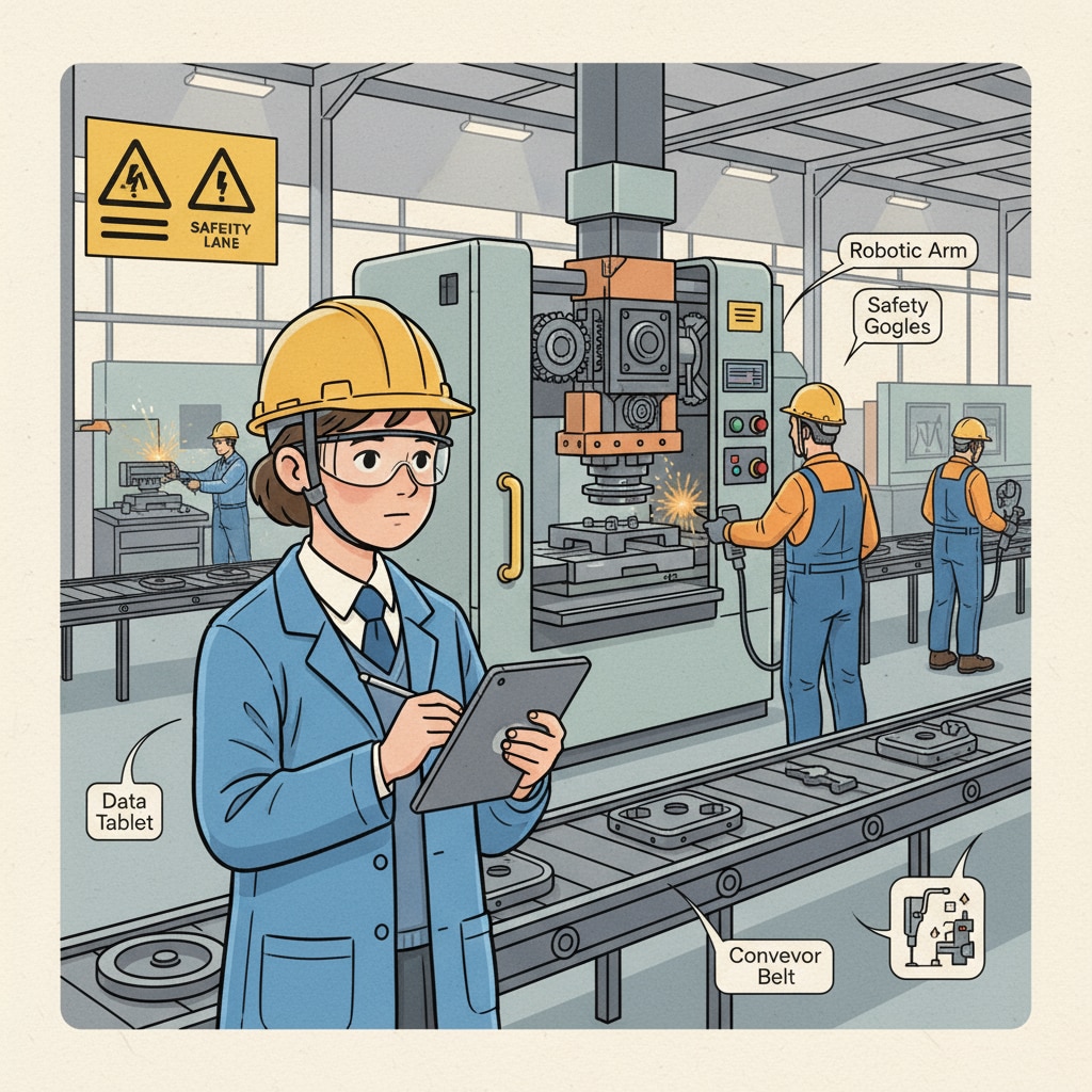 A young K12 student is standing in a factory, watching workers operate machinery. The student has a curious expression and is taking notes. K12 student observing factory work for career exploration in connection with job market realities