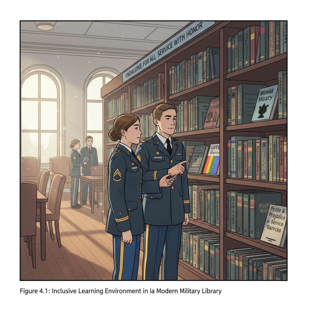 A group of students in a military school library looking at bookshelves with a variety of books, including those related to LGBTQ+ topics Students in a military school library exploring LGBTQ+ related books under the protection of the First Amendment