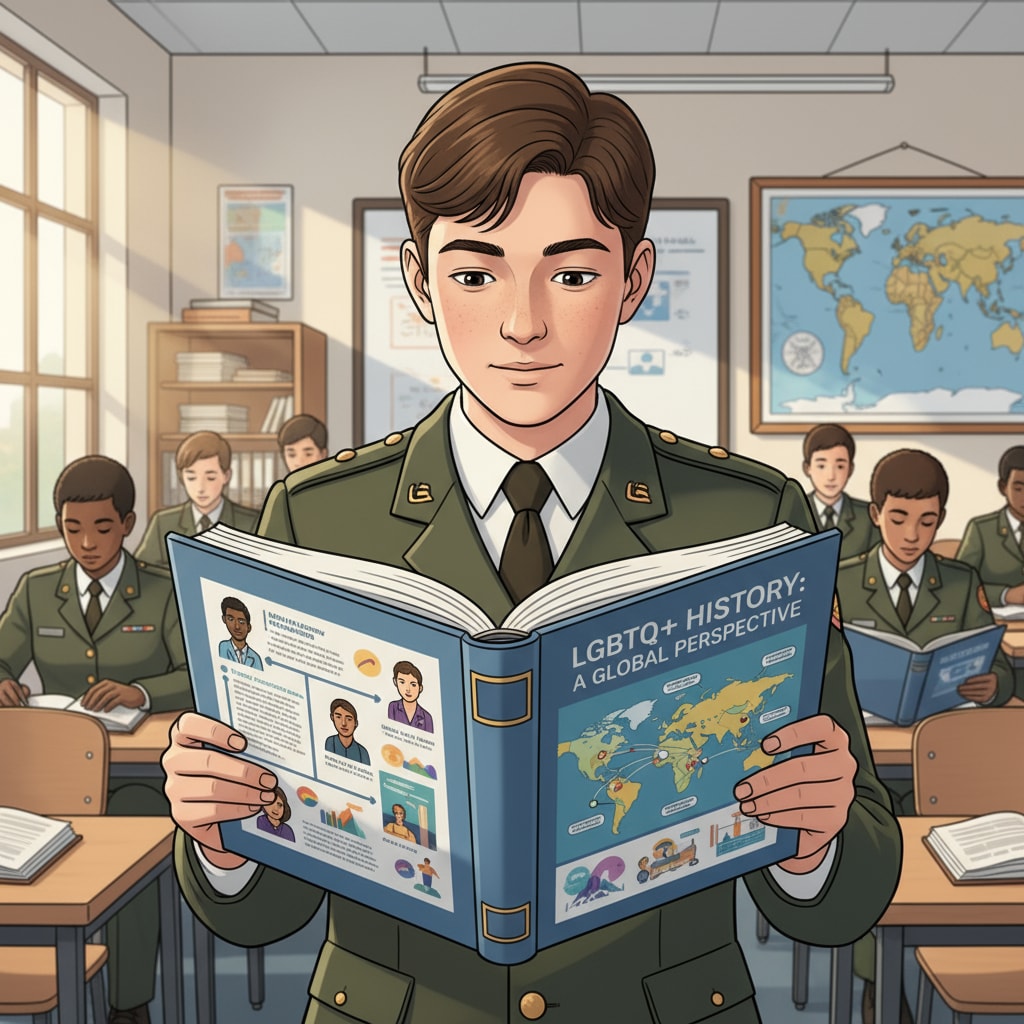 A student in a military school classroom holding a book about LGBTQ+ history A military school student engaging with an LGBTQ+ history book as protected by the First Amendment