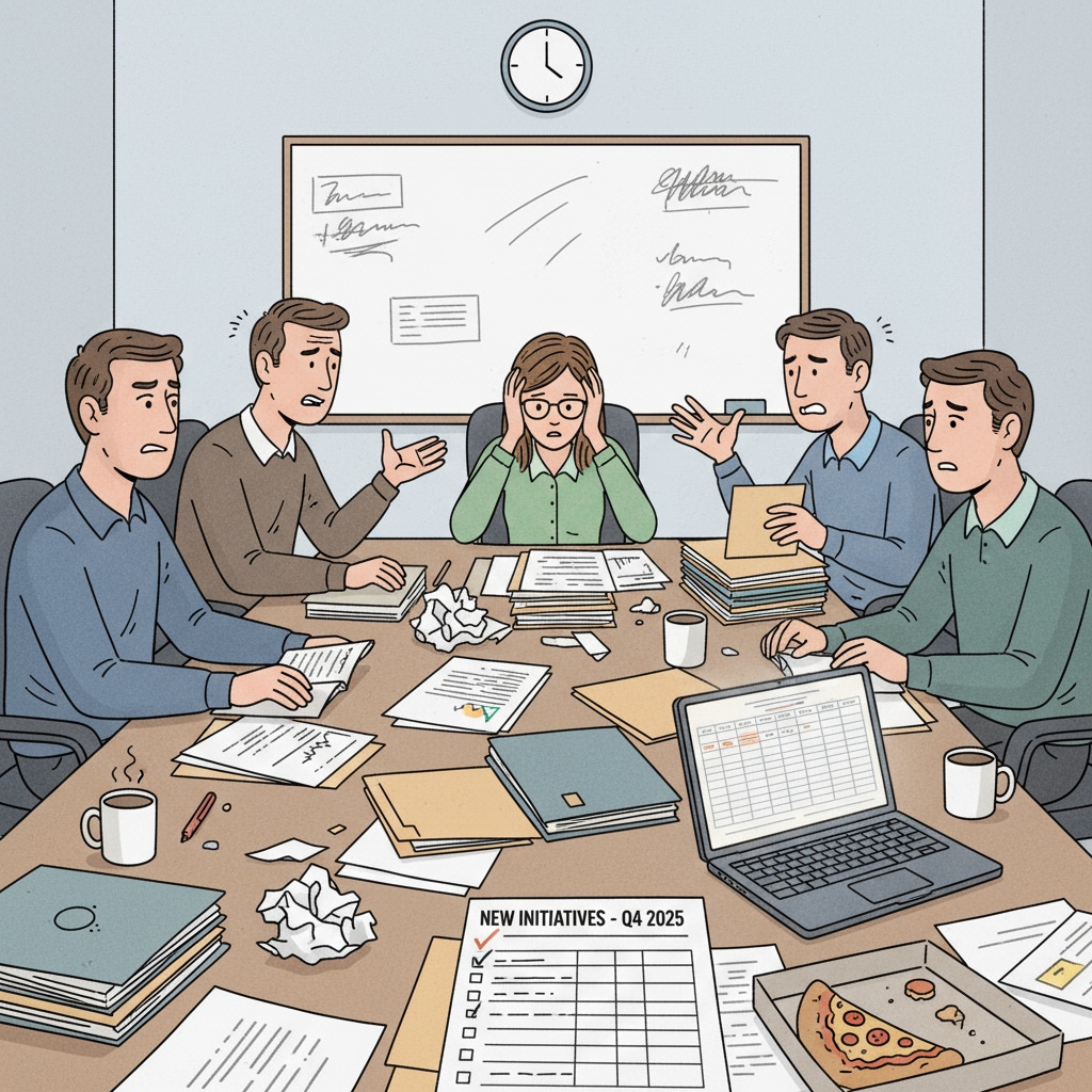 A group of K12 educators are shown looking stressed while sitting around a table discussing what seems to be additional work tasks. There are papers and folders scattered on the table, indicating the administrative burden they might be dealing with. K12 educators facing unnegotiated extra work tasks