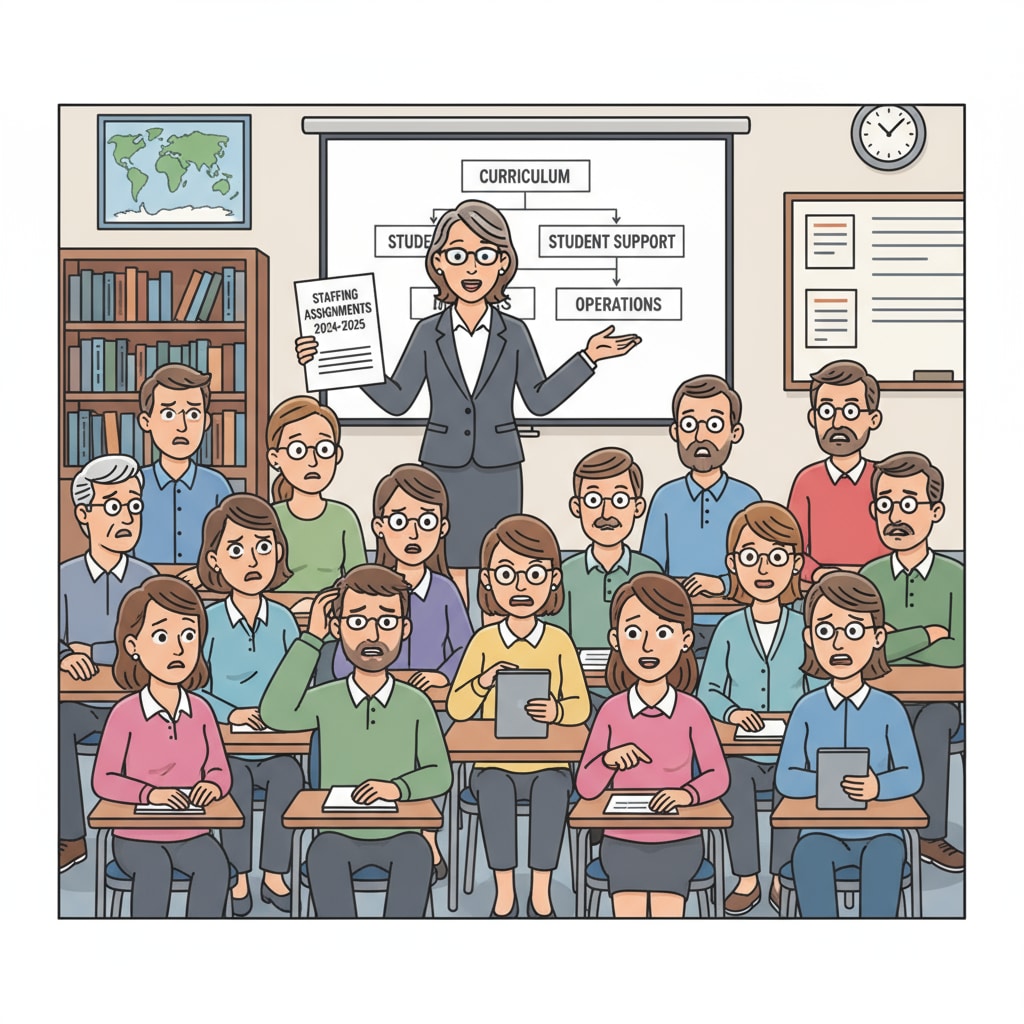 A school administrator is depicted standing in front of a group of K12 educators, with a document in hand, discussing work assignments. The educators have varying expressions on their faces, showing concern and confusion. School administrator discussing unnegotiated work assignments with K12 educators